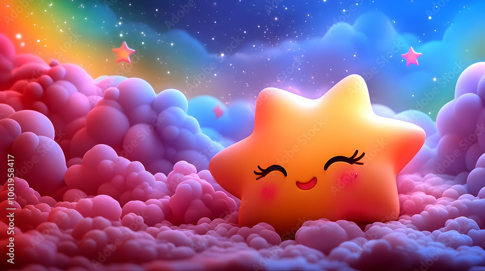 Cute Smiling Star in Cloud Dreamscape - 3D Illustration Cute Smiling Star in Cloud Dreamscape - 3D Illustration