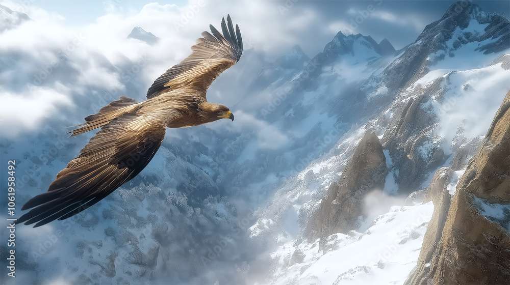 Fototapeta premium Golden eagle soaring over snowy mountain range, majestic flight above alpine peaks 