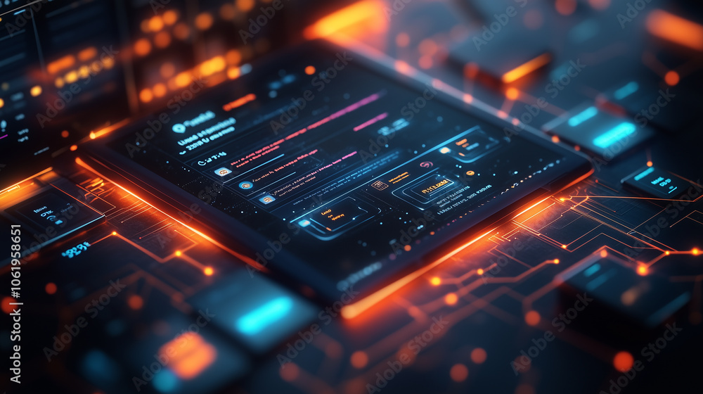 futuristic digital interface with glowing orange and blue elements, showcasing sleek design and advanced technology. display features various data and interactive components futuristic digital interface with glowing orange and blue elements, showcasing sleek design and advanced technology. display features various data and interactive components
