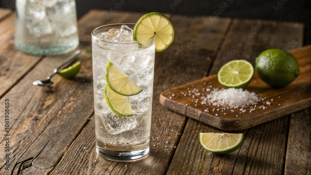 Fototapeta premium Gin and Tonic with Lime and Ice – Perfect for Cocktail Blogs, Summer Party Menus, Bar Guides, and Refreshing Drink Photography