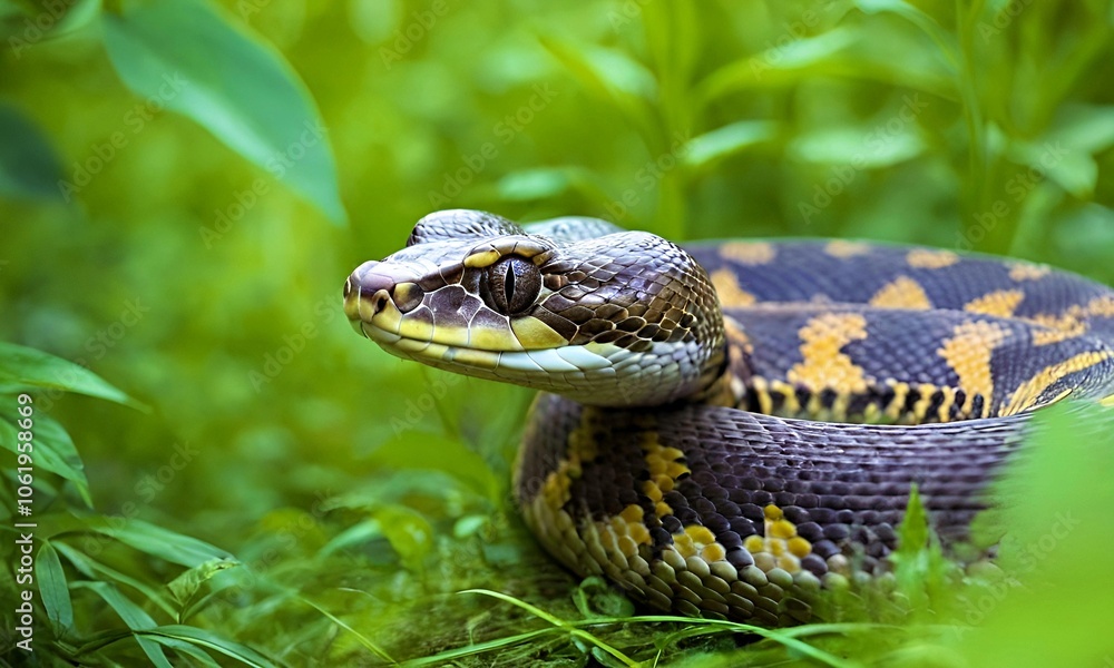 close up of python snake against green spring grass close up of python snake against green spring grass