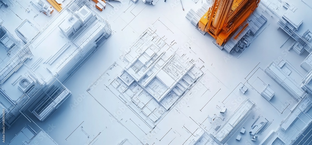 Overhead view of a construction site with a crane and white models of buildings on blueprints. Overhead view of a construction site with a crane and white models of buildings on blueprints.
