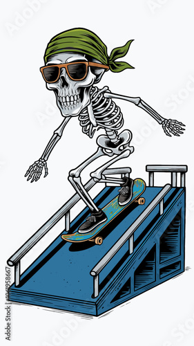 Skeleton Skateboarder with Bandana and Sunglasses