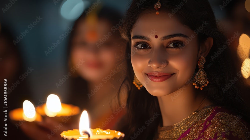 Smiling woman holding a lit diya during a festive celebration, symbolizing joy, tradition, and the cultural spirit of Diwali or other Indian festivities. Smiling woman holding a lit diya during a festive celebration, symbolizing joy, tradition, and the cultural spirit of Diwali or other Indian festivities.