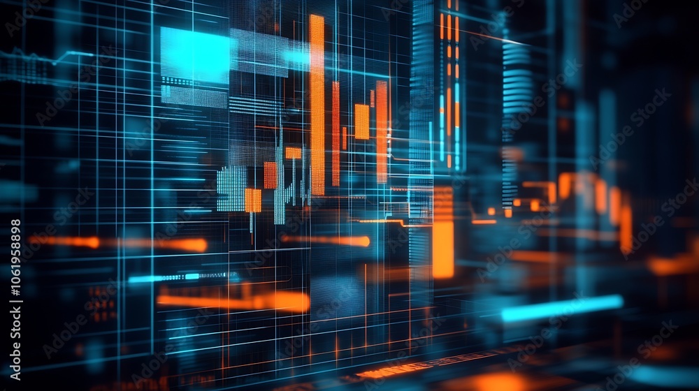 Cutting-edge Digital Stock Market Data Visualization with Blue and Orange Graphics : Generative AI Cutting-edge Digital Stock Market Data Visualization with Blue and Orange Graphics : Generative AI