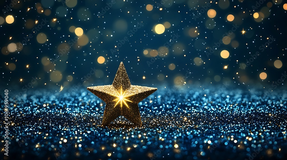 Gold Glitter Star on Sparkling Blue Background Surrounded by Bokeh Lights for Festive Decoration : Generative AI Gold Glitter Star on Sparkling Blue Background Surrounded by Bokeh Lights for Festive Decoration : Generative AI