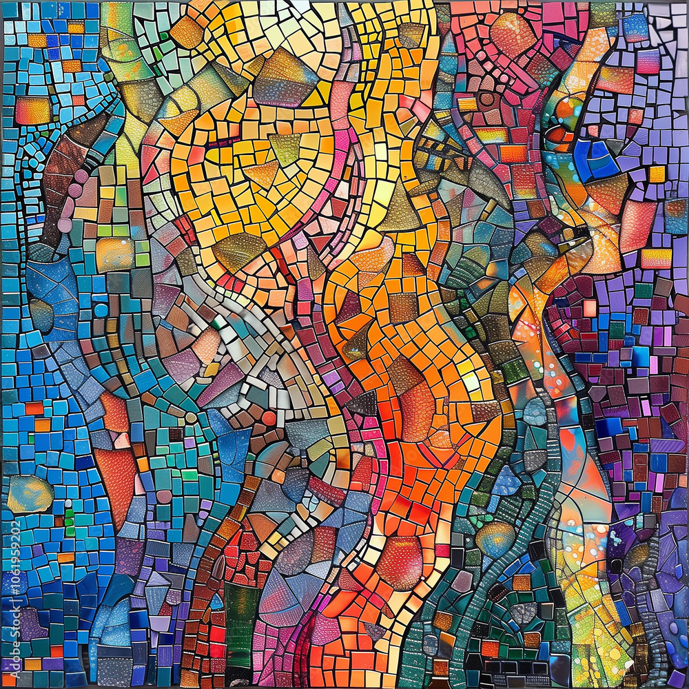 A vivid mosaic with swirling colors transitioning from blue to warm tones. A vivid mosaic with swirling colors transitioning from blue to warm tones.