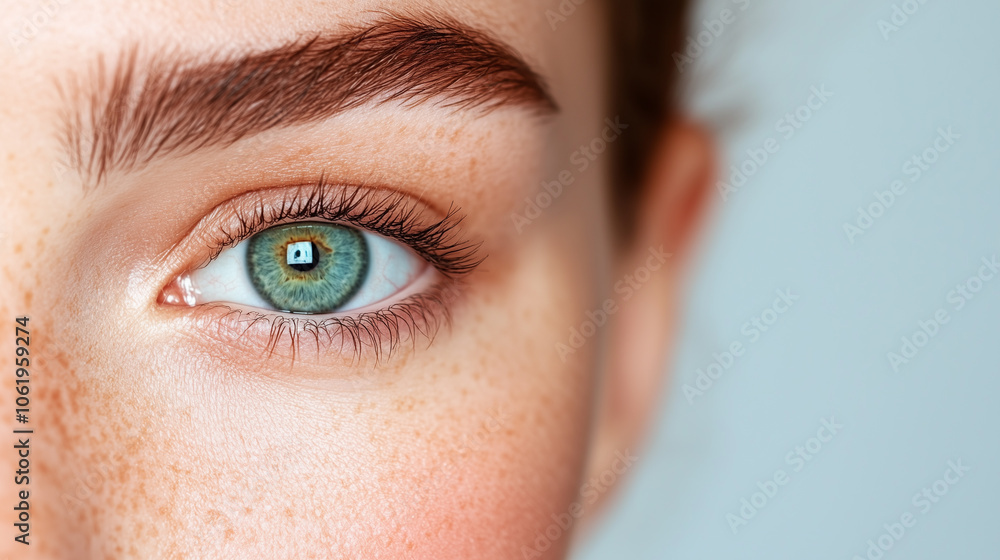 close up of woman eye with vibrant green iris, surrounded by natural freckles and smooth skin, showcasing youthful beauty and detail close up of woman eye with vibrant green iris, surrounded by natural freckles and smooth skin, showcasing youthful beauty and detail