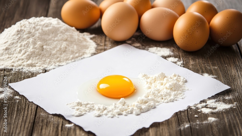 A raw egg yolk on flour, surrounded by whole eggs, suggesting baking or cooking preparation. A raw egg yolk on flour, surrounded by whole eggs, suggesting baking or cooking preparation.