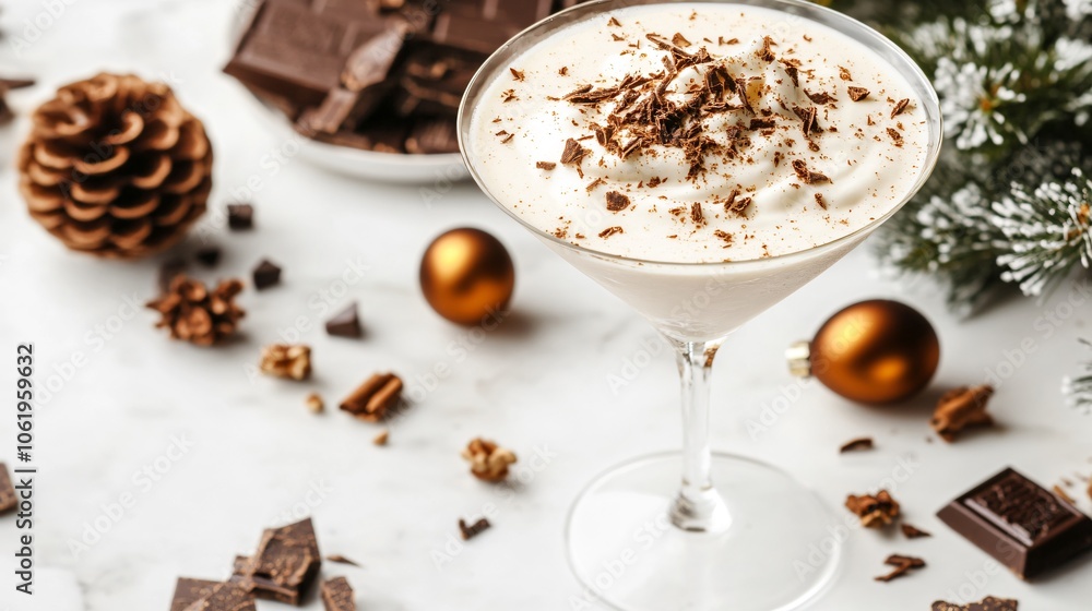 Creamy eggnog in a martini glass, isolated on a white marble background with chocolate shavings and nutmeg Creamy eggnog in a martini glass, isolated on a white marble background with chocolate shavings and nutmeg