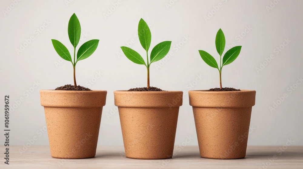 Three potted plants with fresh green leaves on a neutral background, symbolizing growth and renewal. Three potted plants with fresh green leaves on a neutral background, symbolizing growth and renewal.