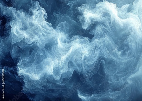 Ethereal swirling blue and white smoke creates a dreamy, abstract atmosphere.