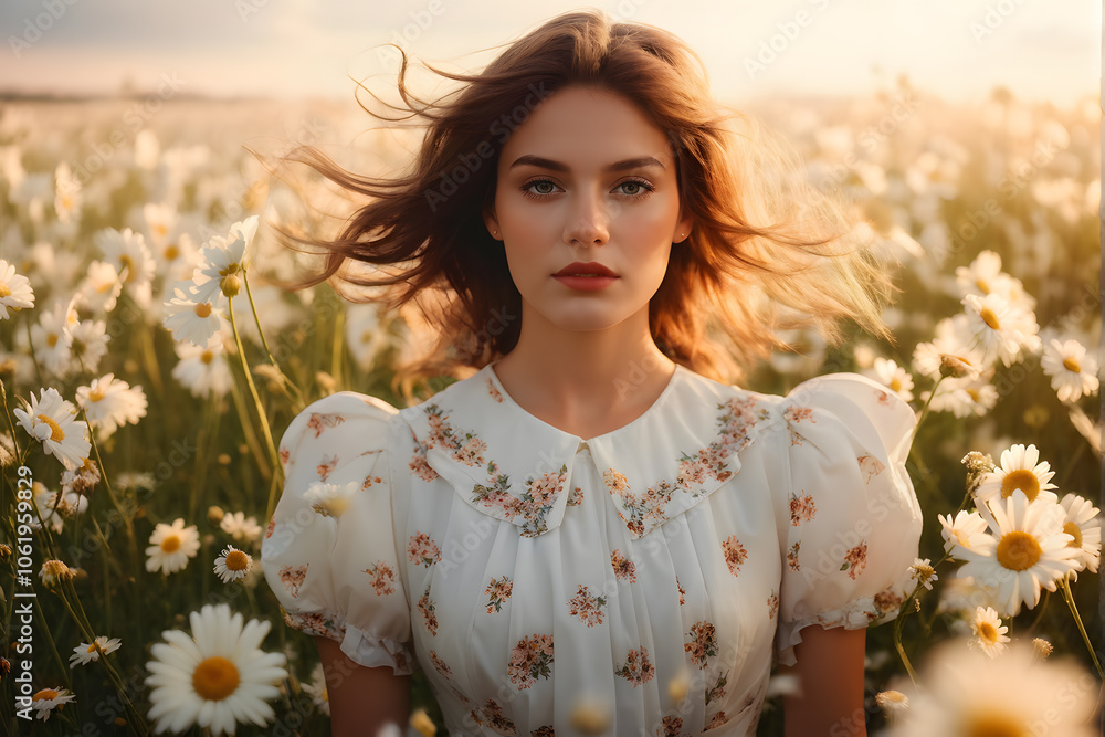 Naklejka premium A woman is standing in a field of white flowers