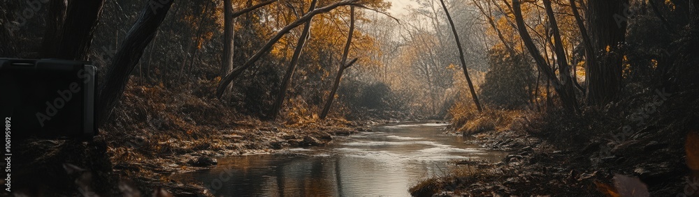 Peaceful autumn forest stream with golden leaves Peaceful autumn forest stream with golden leaves