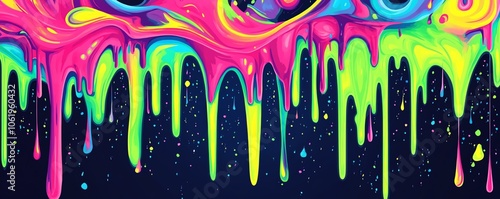 Peinture fluo dégoulinante multicolore sur fond étoilé.
