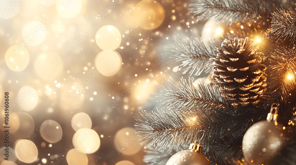 Glowing Christmas Tree Branch with Pinecone and Baubles in Bokeh Light : Generative AI Glowing Christmas Tree Branch with Pinecone and Baubles in Bokeh Light : Generative AI