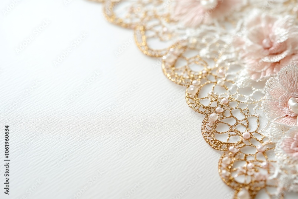 Gold and White Lace with Pink Flowers on White Background Gold and White Lace with Pink Flowers on White Background
