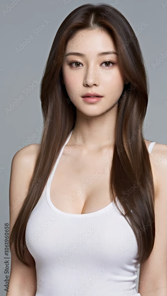 Close-Up Portrait of an Asian Woman with a Perfect Body, Beautiful Facial Features, Long Hair, Wearing a Tank Top and Jeans. Close-Up Portrait of an Asian Woman with a Perfect Body, Beautiful Facial Features, Long Hair, Wearing a Tank Top and Jeans.
