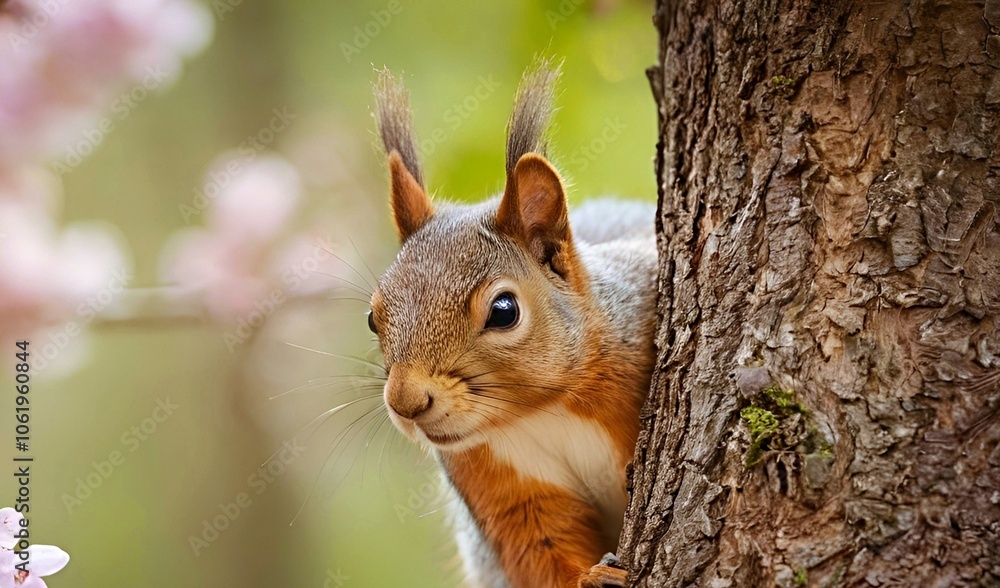 Cute red squirrel on tree in natural spring blooming park in warm morning light. Cute red squirrel on tree in natural spring blooming park in warm morning light.