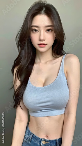 Close-Up Portrait of an Asian Woman with a Perfect Body, Beautiful Facial Features, Long Hair, Wearing a Tank Top and Jeans.