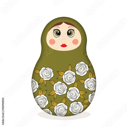 Russian Matryoshka. Traditional Russian folklore dolls with big eyes and lips. Babushka doll with hohloma, traditional painted floral pattern. Hand drawn vector illustration