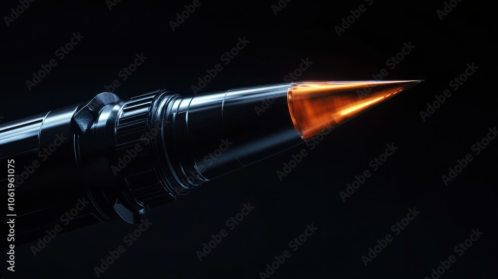 Tactical missile with sharp warhead and polished surface, capturing military precision, on a dark background Tactical missile with sharp warhead and polished surface, capturing military precision, on a dark background