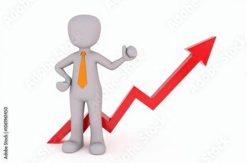 3d man red arrow success chart on white background.