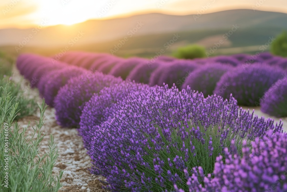 Obraz premium Purple Lavender Field Sunset Landscape Photography