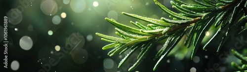 Close-up of a green rosemary sprig with dew drops.