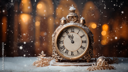vintage clock in the snow, against the background of a festive city, Christmas banner
