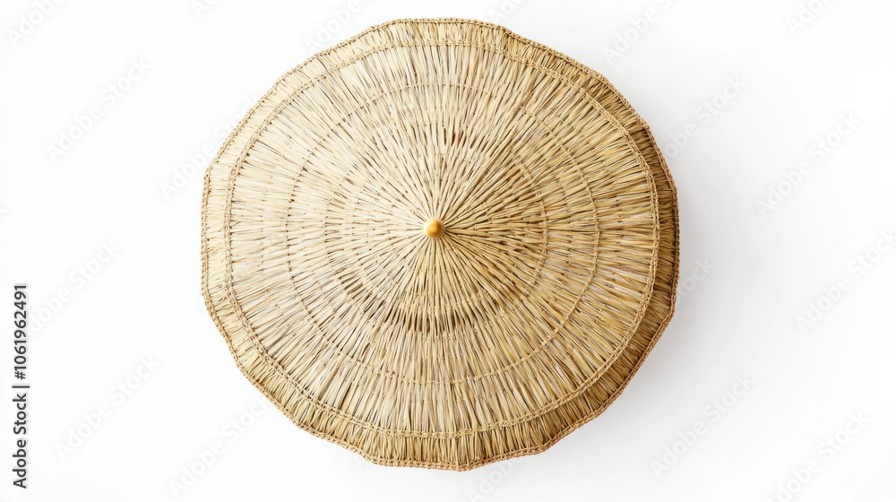 Fototapeta premium Top view of straw beach umbrella with intricate woven design on a clean white background