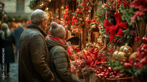 Couple Enjoying Winter Holiday Market Display