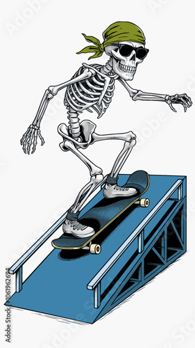 Skeleton Skateboarder with Bandana and Sunglasses