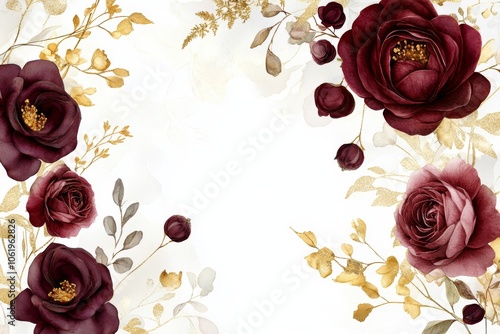 Burgundy Rose and Golden Leaves Watercolor Floral Border Frame