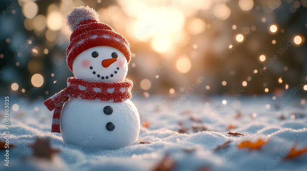 Fototapeta premium Charming Snowman in Red Hat and Scarf on a Glittering Winter Morning : Generative AI