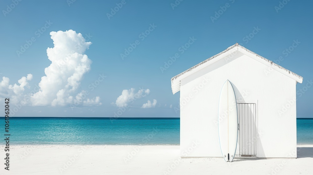 Minimalist Surfboard by Beach House in Bright Setting Minimalist Surfboard by Beach House in Bright Setting