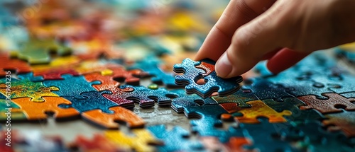 A skilled hand assembling a complex jigsaw puzzle of colorful abstract shapes, representing business decisionmaking and problemsolving strategies