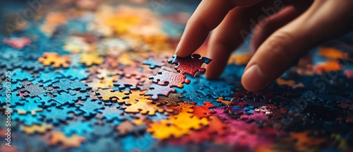 A skilled hand assembling a complex jigsaw puzzle of colorful abstract shapes, representing business decisionmaking and problemsolving strategies