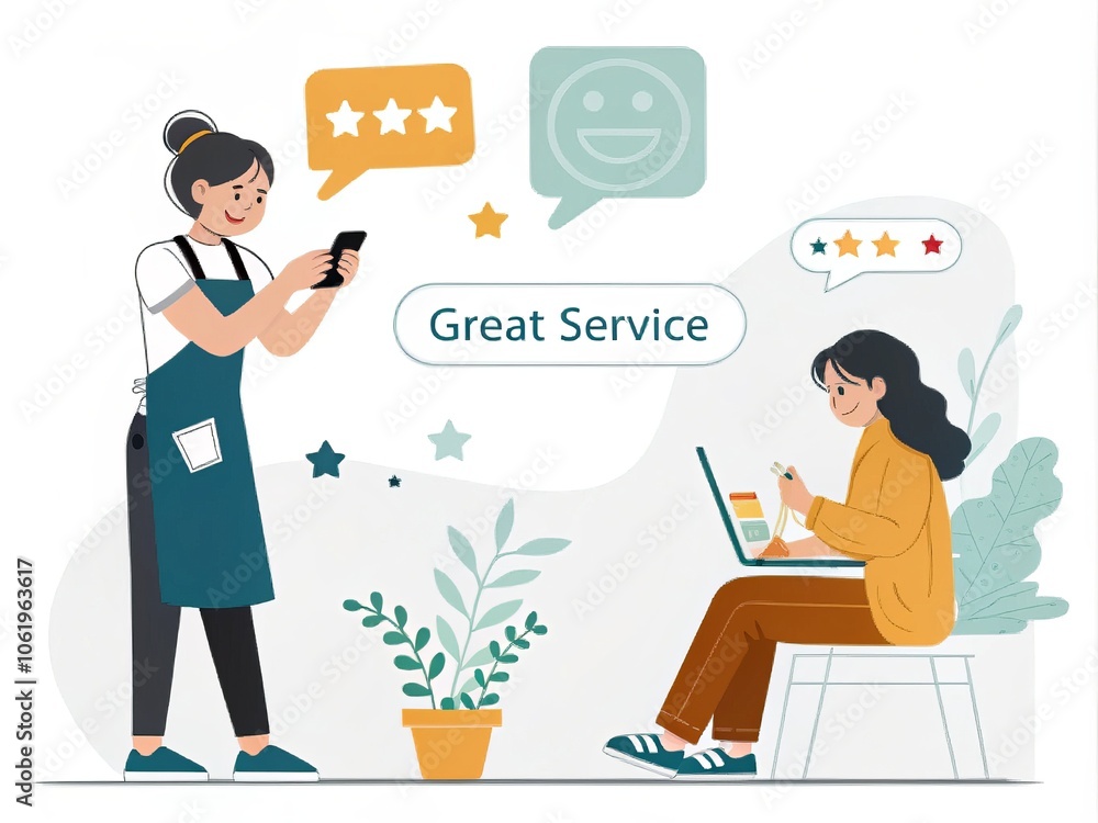 A cheerful customer service scenario showcasing great service and engagement through feedback and technology. A cheerful customer service scenario showcasing great service and engagement through feedback and technology.