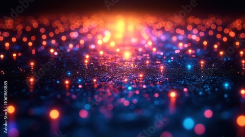 Abstract background with glowing lights in blue, orange and red colors.