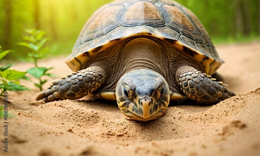 close up turtle crawling on sand next to flower close up turtle crawling on sand next to flower