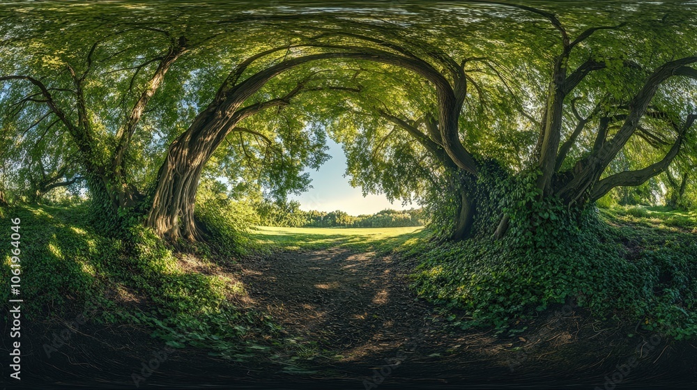 Naklejka premium Enchanting forest path with lush green foliage and sunlight streaming through the canopy
