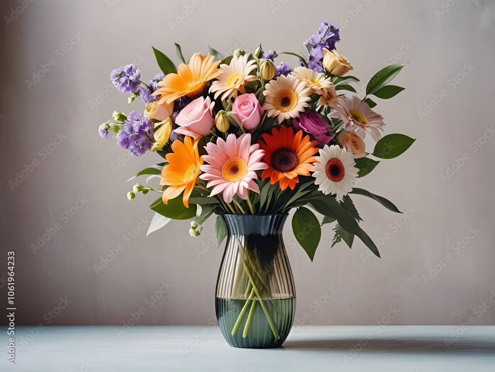 a bouquet of flowers arranged in a glass vase. The bouquet includes a variety of flowers such as pink roses, orange and pink gerbera daisies, and purple flowers, possibly stock or delphiniums a bouquet of flowers arranged in a glass vase. The bouquet includes a variety of flowers such as pink roses, orange and pink gerbera daisies, and purple flowers, possibly stock or delphiniums