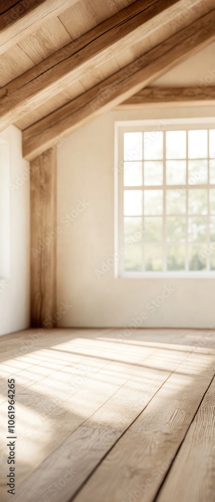 Fototapeta premium A bright, airy room with wooden beams and a large window, showcasing a peaceful, minimalist interior design.