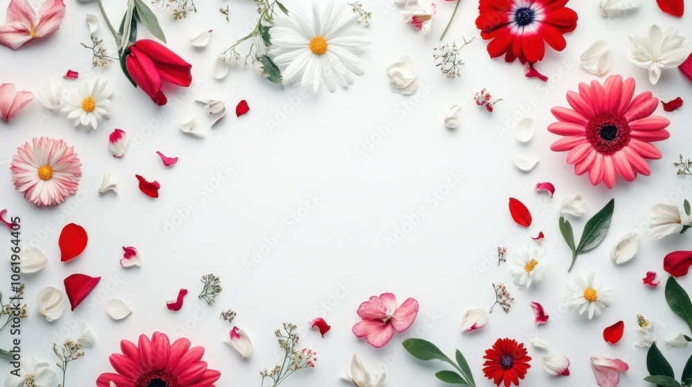 Vibrant spring garden of blooming flowers on a white background, petals open wide Vibrant spring garden of blooming flowers on a white background, petals open wide