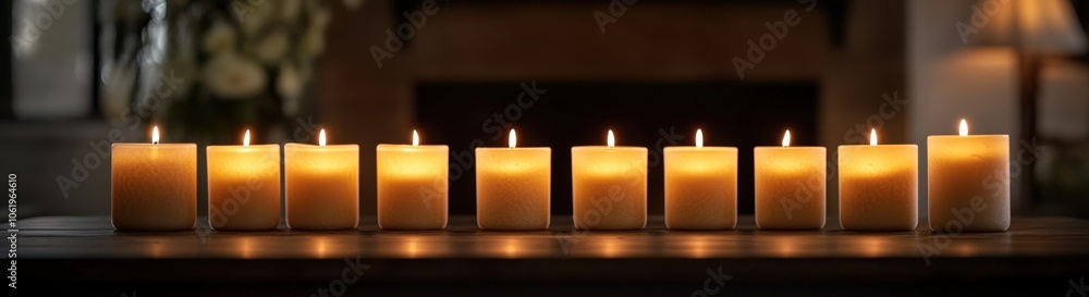 Cozy ambiance with a row of glowing candles Cozy ambiance with a row of glowing candles