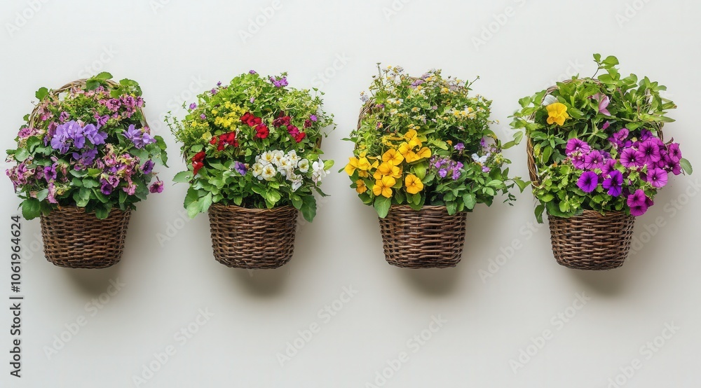 Colorful flowering plants in wicker baskets on a white background