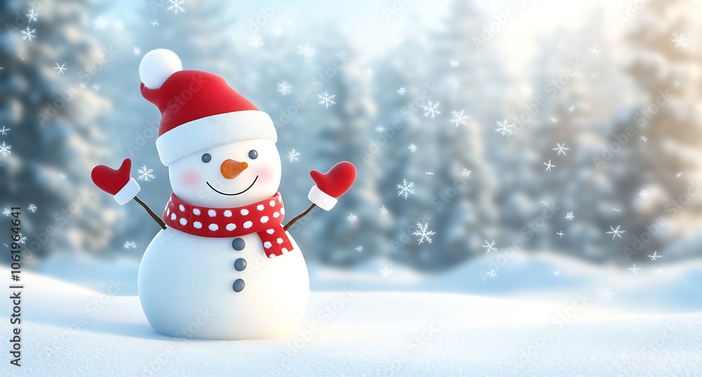 Cheerful snowman with red scarf and hat in snowy wonderland : Generative AI Cheerful snowman with red scarf and hat in snowy wonderland : Generative AI