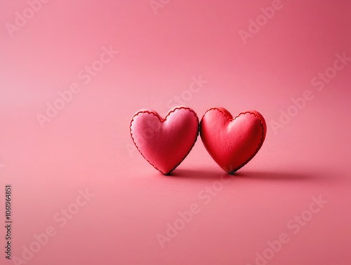  two red heart-shaped objects placed side by side against a pink background. The hearts have a soft, plush-like appearance, and they are positioned in the center of the image, creating a simple