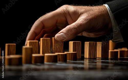 Creative visualization of a hand assembling a wooden block figure, capturing the essence of teamwork and development in a business context